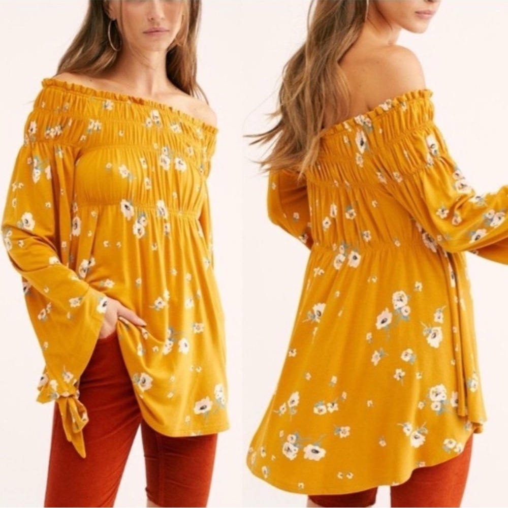 Free People Yellow Puff Sleeve Smocked Blouse